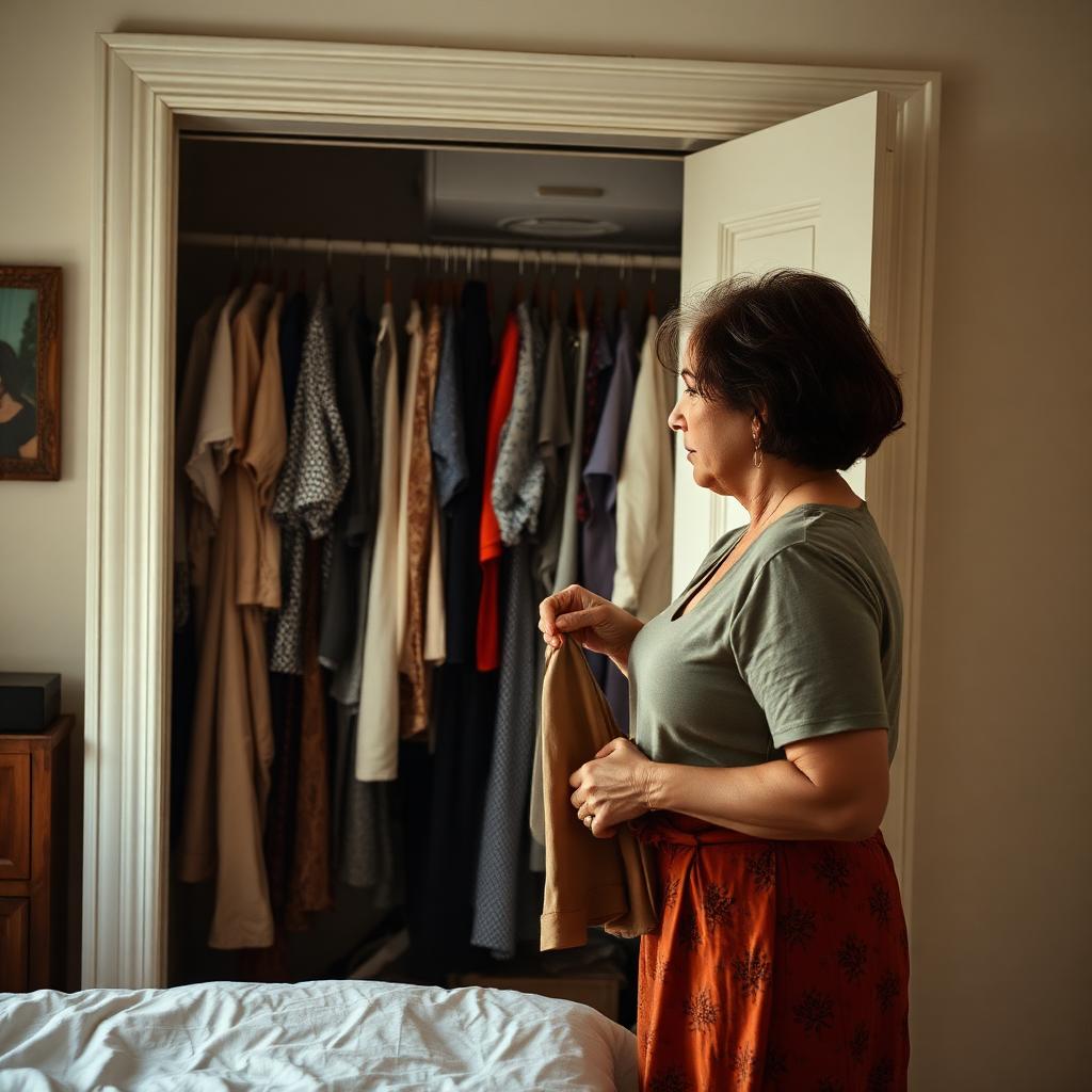 Mujer frente al clóset con frustración