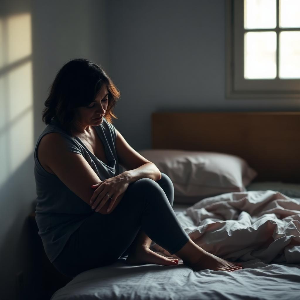 Mujer sentada en la cama con expresión de profunda tristeza