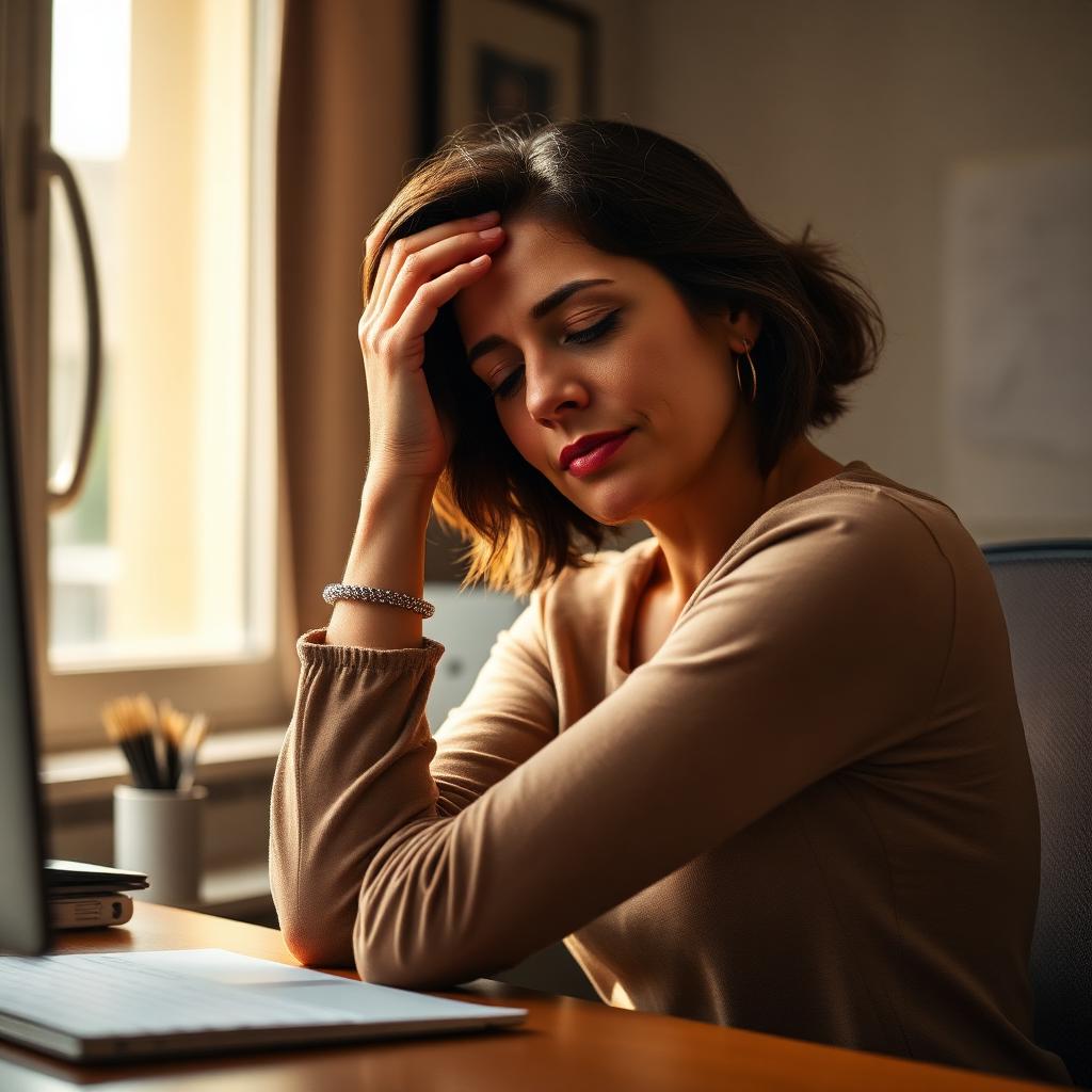 Mujer cansada apoyada en su escritorio