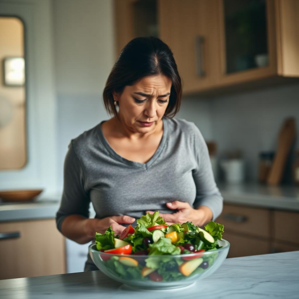 Mujer mirando con desánimo un plato saludable